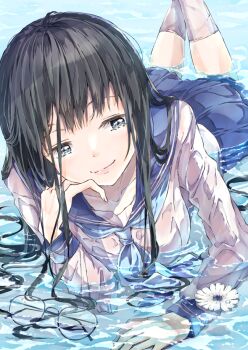 Rule 34 | 1girl, black hair, blue eyes, blue neckerchief, breasts, closed mouth, collarbone, commentary request, dress, floating hair, flower, glasses, hand on ground, hand on own cheek, hand on own face, hoshimaemi, huge breasts, in water, large breasts, legs up, long hair, looking to the side, lying, neckerchief, on stomach, original, sailor collar, sailor dress, school uniform, see-through clothes, see-through shirt, see-through skirt, see-through sleeves, serafuku, shirt, skirt, smile, socks, solo, wet, wet clothes, wet shirt, wet skirt, white socks