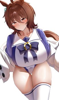 1girl absurdres adapted_costume agnes_tachyon_(umamusume) alternate_breast_size_(larger) animal_ears blush bow bowtie breasts brown_hair brown_tail commentary covered_navel hair_between_eyes highleg highleg_leotard highres horse_ears horse_girl horse_tail horseshoe_ornament huge_breasts impossible_clothes impossible_leotard leaning_forward leotard long_hair_between_eyes looking_at_viewer nyxo plump purple_bow purple_bowtie red_eyes sailor_collar sailor_leotard school_uniform simple_background solo symbol-only_commentary tail thick_thighs thighhighs thighs tracen_school_uniform umamusume white_background white_leotard white_sailor_collar white_thighhighs