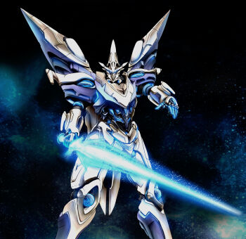 cropped_legs edge_dragoon energy_sword floating glowing glowing_eyes highres holding holding_sword holding_weapon looking_at_viewer mecha no_humans open_hand robot science_fiction solo space sword vandread vandread_dita weapon