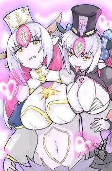 2girls alipheese_fateburn_xiv alipheese_fateburn_xiv_(doll) annoyed bikini bow bowtie breasts cleavage clothing_cutout commentary_request detached_sleeves eyes_visible_through_hair hat heart highres horns imomofunifuni lamia large_breasts long_hair long_sleeves mon-musu_quest! mon-musu_quest:_paradox monster_girl multicolored_hair multiple_girls navel nose pink_hair pointy_ears polka_dot purple_bow purple_bowtie striped_bikini striped_clothes swimsuit tongue tongue_out top_hat white_hair yellow_eyes