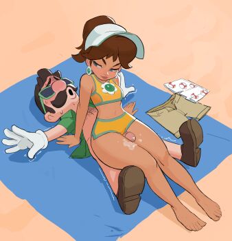 1boy 1girl absurdres amugea arm_support assertive_female bare_legs barefoot beach_mat big_nose bikini bikini_shorts brooch brown_hair chest_hair cum cum_on_body cum_on_legs earrings facial_hair flower_brooch flower_earrings gloves highres jewelry luigi mario_(series) mustache nintendo official_alternate_costume penis princess_daisy reverse_cowgirl_position shorts straddling sunglasses swimsuit thigh_sex trembling unworn_boxers unworn_shorts visor_cap white_gloves