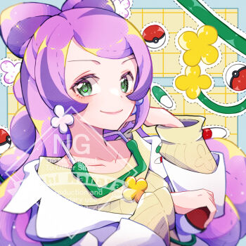1girl bow-shaped_hair breasts collarbone earrings eyeliner flower_earrings green_eyes highres jewelry lab_coat long_hair long_sleeves makeup miriam_(pokemon) multicolored_hair nanaya_hachi nintendo off-shoulder_sweater off_shoulder pink_eyeliner pink_hair pokemon pokemon_sv purple_hair school_nurse solo streaked_hair sweater swept_bangs yellow_sweater