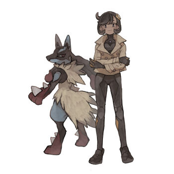 absurdres black_bodysuit black_fur blue_fur body_fur bodysuit bodysuit_under_clothes brown_jacket crossed_arms dark-skinned_female dark_skin emma_(pokemon) full_body gen_4_pokemon gloves highres ichi_kawa_ichi jacket looking_at_viewer lucario mega_lucario mega_pokemon multicolored_fur nintendo pokemon pokemon_legends:_z-a red_fur short_hair smile snout spikes two-tone_gloves white_background yellow_fur