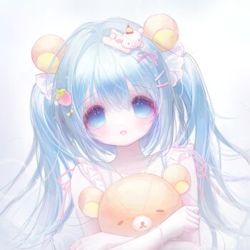 1girl :d aqua_eyes aqua_hair blue_eyes blue_hair blush commentary dress food-themed_hair_ornament funeko hair_ornament hatsune_miku highres looking_at_viewer open_mouth pastel_colors ribbon simple_background smile solo strawberry_hair_ornament stuffed_animal stuffed_toy teddy_bear twintails vocaloid white_background white_dress