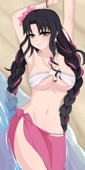 1girl absurdres armpits arms_up bare_shoulders bikini black_hair blush bracelet braid breasts chest_tattoo cleavage darkkin facial_mark fate/grand_order fate_(series) flower forehead_mark grin hair_flower hair_ornament highres jewelry large_breasts long_hair looking_at_viewer multicolored_hair navel necklace parted_bangs pearl_bracelet pearl_necklace pink_hair sarong sessyoin_kiara sessyoin_kiara_(swimsuit_mooncancer)_(first_ascension) shell shell_necklace shore smile solo streaked_hair swimsuit tattoo thighs twin_braids very_long_hair white_bikini yellow_eyes