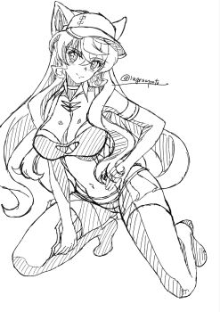 1girl breasts cleavage greyscale hair_between_eyes hat highleg highres kyomeihibiki large_breasts long_hair looking_at_viewer maria_cadenzavna_eve monochrome navel race_queen senki_zesshou_symphogear smile solo squatting thighhighs very_long_hair