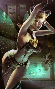 1girl arm_tattoo armpits arms_behind_head arms_up black_hair blonde_hair blood braid braided_bun breasts bug butterfly butterfly_tattoo butterfly_wings cone_hair_bun double_bun green_eyes green_lips green_skirt hair_bun heart_ornament insect insect_wings jojo_no_kimyou_na_bouken kuujou_jolyne large_breasts makeup midriff multicolored_hair musasabi05 navel navel_piercing needle picture_frame piercing skirt solo spider spider_web_print stone_ocean string tattoo torn_clothes two-tone_hair underboob wings