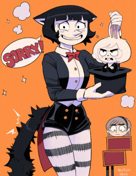 3girls angry breasts cat_girl fran_(newtype_hero) katya_(newtype_hero) long_nose magic_trick mature_female medium_breasts multiple_girls nervous newtype_hero original pale_skin rabbit_girl tall_female thick_eyebrows white_hair