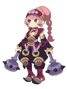 1girl artist_request asgard asura_(asgard) baggy_pants black_eyes black_pants black_sleeves boots braid braided_ponytail breasts choker cleavage closed_mouth commentary_request cross-laced_armwear cross-laced_clothes cross-laced_top detached_sleeves dot_nose earrings full_body gold_earrings gold_hair_tie gold_hairband gold_trim hair_tie hairband high_ponytail holding holding_weapon jewelry knee_boots korean_commentary legs_apart long_hair looking_to_the_side medium_breasts nexon obi pants ponytail purple_sash red_choker red_hairband red_shirt red_sleeves sash shirt short_sleeves simple_background smile solo standing weapon weapon_request white_background
