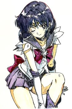 1girl absurdres bishoujo_senshi_sailor_moon black_hair boots bow bowtie brooch choker crystal_earrings earrings elbow_gloves gloves graphite_(medium) highres i4teruz jewelry knee_boots medium_hair one_eye_closed panties panty_peek pleated_skirt purple_boots purple_choker purple_eyes purple_sailor_collar purple_skirt red_bow red_bowtie sailor_collar sailor_saturn sailor_senshi_uniform skirt smile solo star_brooch tomoe_hotaru traditional_media underwear