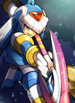 1boy 1girl air_bubble armor blue_armor blue_helmet bubble commentary_request fairy_leviathan_(mega_man) helmet holding holding_polearm holding_weapon looking_ahead male_focus mega_man_(series) mega_man_zero_(series) one_eye_covered parted_lips pechka polearm solo underwater weapon