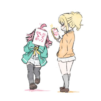 2girls aqua_jacket black_thighhighs brown_shoes cardigan collared_shirt commentary_request covering_face grey_socks grin holding holding_phone holding_sketchbook jacket loafers long_sleeves love_live! love_live!_nijigasaki_high_school_idol_club miniskirt miyashita_ai multiple_girls neck_ribbon nijigasaki_school_uniform open_clothes open_jacket orange_cardigan phone pleated_skirt ponytail qr_code ribbon rina-chan_board school_uniform shinanoya_(satanicad) shirt shoes short_hair short_ponytail sidelocks simple_background sketchbook skirt sleeves_past_fingers sleeves_past_wrists smile socks sparkle standing tennoji_rina thighhighs white_background white_shirt white_skirt winter_uniform yellow_ribbon zettai_ryouiki