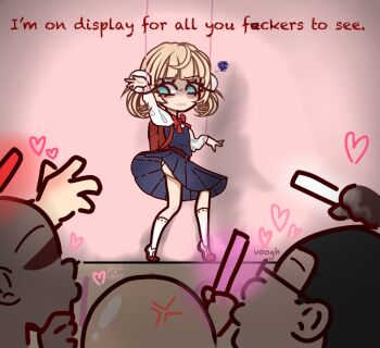 1girl 3boys age_difference ahoge backpack bag blonde_hair bow bowtie breasts dress female_focus green_eyes hair_ornament heart indie_virtual_youtuber loli long_sleeves looking_to_the_side multiple_boys on_stage panties pinafore_dress pleated_dress pom_pom_(clothes) pom_pom_hair_ornament puppet_strings randoseru red_bow red_bowtie school_uniform shigure_ui_(vtuber) shigure_ui_(vtuber)_(young) shirt shoes sleeveless sleeveless_dress socks standing text_focus two_side_up ugly_bastard underwear uwabaki virtual_youtuber white_panties white_shirt white_socks