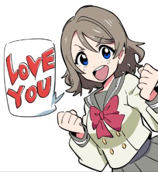 Rule 34 | 1girl, :d, blue eyes, bow, bowtie, clenched hand, clenched hands, english text, grey hair, grey sailor collar, grey skirt, long sleeves, looking at viewer, love live!, love live! sunshine!!, lowres, open mouth, osa (osavocaloid), pleated skirt, red bow, sailor collar, school uniform, serafuku, short hair, simple background, skirt, smile, solo, speech bubble, uranohoshi school uniform, watanabe you, white background