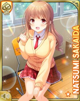 1girl breasts brown_hair card_(medium) character_name classroom day female_focus girlfriend_(kari) hair_ornament indoors large_breasts long_hair long_sleeves looking_at_viewer necktie official_art open_mouth pink_scrunchie plaid_clothes plaid_skirt qp:flapper red_eyes red_necktie red_skirt sakaida_natsumi school school_uniform scrunchie shirt shirt_tucked_in sitting skirt smile solo sparkle sunlight sweater white_shirt window wooden_floor yellow_sweater