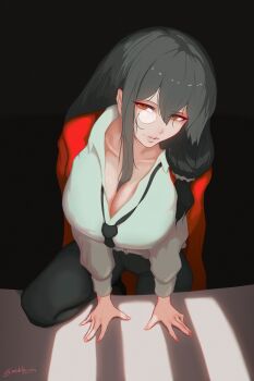 1girl absurdres black_background black_hair black_necktie black_pants breasts cleavage coat coat_on_shoulders collarbone collared_shirt girls&#039;_frontline helianthus_(girls&#039;_frontline) highres large_breasts long_hair long_sleeves looking_at_viewer low-tied_long_hair monocle necktie nishibuya orange_eyes pants parted_lips red_coat shirt signature simple_background solo white_shirt