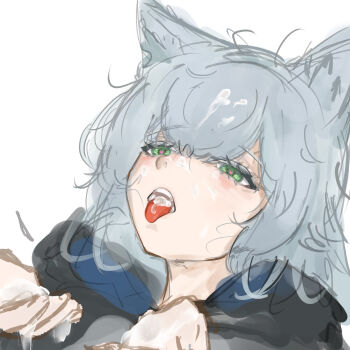 1girl animal_ear_fluff animal_ears arknights black_hoodie cat_ears cat_girl cum cum_in_mouth cum_on_body cum_on_hair cum_on_hands curly_hair ejaculation facial green_eyes grey_hair half-closed_eyes hands_up heart heart-shaped_pupils hetero highres hood hoodie l5mon_meng long_hair open_mouth rosmontis_(arknights) simple_background sketch solo symbol-shaped_pupils teeth tongue tongue_out variant_set white_background