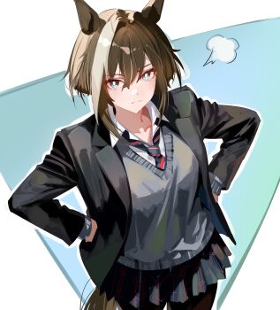 1girl absurdres alternate_costume animal_ears black_jacket black_pantyhose blazer blue_eyes brown_hair brown_tail cardigan cheval_grand_(umamusume) closed_mouth commentary_request diagonal-striped_clothes diagonal-striped_necktie from_above grey_cardigan hair_between_eyes hands_on_own_hips highres horse_ears horse_girl horse_tail jacket looking_at_viewer miniskirt multicolored_hair necktie open_clothes open_jacket pantyhose pleated_skirt school_uniform shirt short_hair short_hair_with_long_locks sidelocks simple_background skirt solo streaked_hair striped_clothes tail umamusume white_background white_shirt white_streaks yoojp