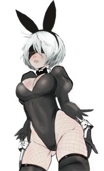 2b_(nier:automata) android blindfold breasts cleavage curvy fishnets gluteal_fold highleg highleg_leotard highres leotard navel nier:automata nier_(series) playboy_bunny rabbit_ears robot shiny_skin short_hair teevo thighhighs white_hair wide_hips