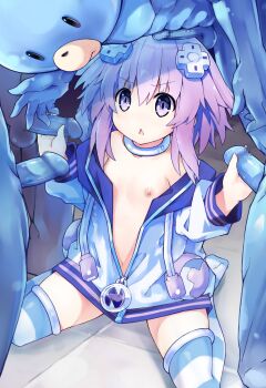 1girl 4boys choker commentary_request d-pad d-pad_hair_ornament dogoo_man double_handjob drawstring emblem hair_ornament handjob highres hood hoodie howard_blast medium_hair multiple_boys neptune_(neptunia) neptune_(series) nipples open_mouth penis penis_on_head purple_eyes purple_hair sidelocks socks soles striped_clothes striped_socks striped_thighhighs thighhighs usb white_choker