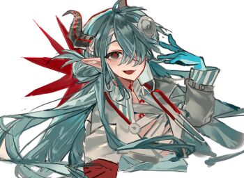 1boy aqua_gloves aqua_hair arknights armband bandaged_chest black_eyes black_horns chinese_commentary commentary_request cropped_torso doctor fang gloves hair_over_one_eye hand_up head_mirror horns jacket long_hair long_sleeves male_focus mitm_(arknights) mole mole_under_mouth open_clothes open_jacket open_mouth pointy_ears red_armband shui_ji_xing simple_background skin_fang smile solo stethoscope_around_neck white_background white_jacket