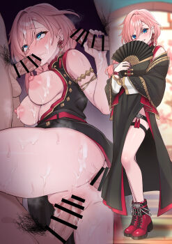 1girl 4boys absurdres anal armlet ass bar_censor bare_shoulders black_dress blue_eyes blurry blurry_background blush braid breasts censored cum cum_in_ass cum_on_body cum_on_breasts cum_on_hands cum_on_upper_body dress earrings facial fellatio fingernails grin hair_between_eyes hand_fan highres holding holding_fan hololive jewelry kokemomo_(makesound) large_breasts lattice long_hair long_sleeves multiple_boys nail_polish nipples oral paper_fan penis pink_hair purple_nails pussy red_dress red_shoes sex shoes smile solo_focus takane_lui takane_lui_(china_dress) tassel tearing_up thigh_strap thighs vaginal virtual_youtuber