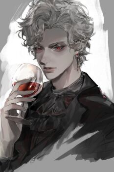 Rule 34 | 1boy, alcohol, ascot, astarion, baldur's gate, baldur's gate 3, black ascot, black coat, closed mouth, coat, commentary request, cross, cross earrings, cup, drinking glass, dungeons & dragons, dungeons &amp; dragons, earrings, fingernails, grey background, grey hair, highres, holding, holding cup, jewelry, kkuekkue (chifer1958), korean commentary, light smile, looking at viewer, male focus, pale skin, pointy ears, red eyes, short hair, sketch, slit pupils, solo, upper body, vampire, white hair, wine, wine glass