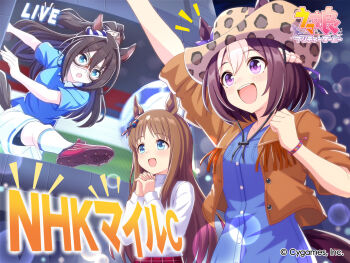 Rule 34 | 3girls, animal ears, ball, bike shorts, bike shorts under shorts, blue dress, blue eyes, blue shirt, blush, bow, braid, breasts, brown hair, brown jacket, cleats, commentary request, cowboy hat, cygames, domino mask, dress, ear bow, ear ribbon, ears through headwear, el condor pasa (umamusume), eye mask, grass wonder (umamusume), hair between eyes, half up braid, hat, horse ears, horse girl, horse tail, interlocked fingers, jacket, jersey, kicking, long hair, long sleeves, mask, multicolored hair, multiple girls, nhk mile cup, official alternate costume, official art, open clothes, open jacket, open mouth, own hands clasped, own hands together, ponytail, purple bow, purple eyes, red skirt, screen, second-party source, shirt, short hair, short sleeves, shorts, skirt, smile, soccer, soccer ball, soccer uniform, socks, special week (umamusume), sportswear, tail, teeth, two-tone hair, umamusume, upper teeth only, white hair, white shirt, white shorts, white socks