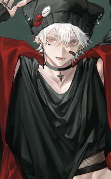 1boy arms_up badge bandaid bandaid_on_face beanie black_choker black_hat black_tank_top button_badge choker collarbone commentary cross cross_necklace dutch_angle ear_chain ear_piercing earrings fishnet_top fishnets hair_between_eyes hat highres jacket jewelry kuzuha_(nijisanji) linked_piercing male_focus midriff_peek miroku_(butuzo33) multiple_earrings necklace nijisanji open_mouth piercing red_eyes solo tank_top virtual_youtuber white_hair