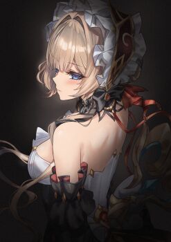 absurdres back bare_shoulders black_bow black_sleeves blonde_hair blue_eyes blush bow breasts commentary_request dark_background detached_sleeves dress frilled_hairband frills from_behind genshin_impact hair_intakes hairband highres large_breasts long_hair sandrone_(genshin_impact) sideboob simple_background standing theory_(oortcloud1111) upper_body white_dress