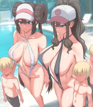 2girls 3boys age_difference alternate_breast_size_(larger) bare_shoulders baseball_cap black_slingshot_swimsuit blue_eyes blush breasts brown_hair cleavage collarbone covered_erect_nipples donut_hair_bun double_bun ginhaha hair_bun hat high_ponytail highres hilda_(pokemon) large_breasts long_hair multiple_boys multiple_girls navel nintendo older_female_and_younger_male onee-shota pink_hat pokemon pokemon_bw pokemon_bw2 ponytail rosa_(pokemon) short_hair shota sidelocks slingshot_swimsuit smile swimsuit thighs twintails visor_cap white_hat white_slingshot_swimsuit
