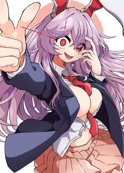 1girl absurdres animal_ears between_breasts black_vest blazer breasts cleavage collared_shirt commentary_request gurajio highres jacket large_breasts long_hair looking_at_viewer midriff navel necktie necktie_between_breasts open_mouth pink_skirt purple_hair rabbit_ears rabbit_girl red_eyes red_necktie reisen_udongein_inaba shirt simple_background skirt smile solo touhou vest white_background white_shirt