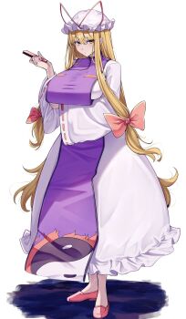 Rule 34 | 1girl, :o, arm under breasts, blonde hair, breasts, commentary request, dress, expressionless, folded fan, folding fan, frills, full body, hair between eyes, hair ribbon, hand fan, hand on own elbow, hand up, hat, highres, holding, holding fan, large breasts, long hair, long sidelocks, long sleeves, looking at viewer, mirufi (milfiiiiyu), mob cap, no socks, purple tabard, red shoes, ribbon, shoes, sidelocks, solo, standing, tabard, touhou, very long hair, white background, white dress, yakumo yukari, yellow eyes