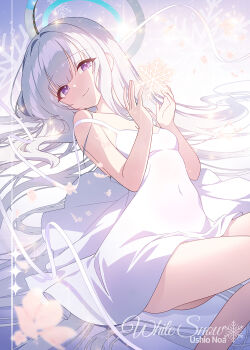 1girl apple_caramel bed blue_archive blush closed_mouth commentary dress flower halo highres long_hair looking_at_viewer lying mechanical_halo noa_(blue_archive) on_bed purple_eyes ribbon sleeveless sleeveless_dress smile snow snowflakes solo thighs very_long_hair white_dress white_hair white_halo