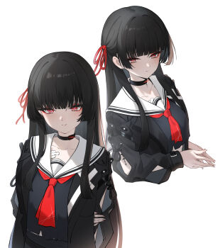Rule 34 | 1girl, absurdres, arm behind back, arm cutout, black choker, black hair, black jacket, black shirt, breasts, chisa (wuthering waves), choker, closed mouth, clothing cutout, collarbone, commentary, dongye1551, fingernails, hair ribbon, highres, holding own arm, jacket, long hair, long sleeves, looking at viewer, medium breasts, mole, mole under eye, multiple views, neckerchief, red eyes, red neckerchief, red ribbon, ribbon, sailor collar, shirt, simple background, smile, tacet mark (wuthering waves), upper body, white background, white sailor collar, wuthering waves