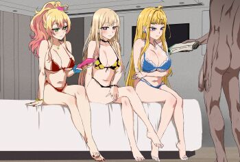 1boy 3girls ahoge antenna_hair arm_support arm_under_breasts barefoot bed bed_sheet bikini black_bikini black_choker blonde_hair blue_bikini blue_eyes blue_nails blue_scrunchie blush bracelet breasts cat_hair_ornament censored choker cleavage closed_mouth clothed_female_nude_male covered_erect_nipples crossed_legs dark-skinned_male dark_skin dosanko_gal_wa_namaramenkoi earrings ero_daisuki fingernails floral_print front-tie_bikini_top front-tie_top full_body fuyuki_minami green_eyes gyaru hair_ornament hajimete_no_gal heart heart_earrings heart_necklace highres hotel_room indoors jewelry kitagawa_marin large_breasts legs_together lips long_fingernails long_hair looking_at_another micro_bikini money mosaic_censoring multicolored_hair multiple_girls nail_polish necklace nude on_bed pendant_choker penis pink_eyes pink_hair pink_nails ponytail print_bikini prostitution red_bikini red_nails ring scrunchie side-tie_bikini_bottom sitting sono_bisque_doll_wa_koi_wo_suru swimsuit toenail_polish toenails toes trait_connection white_nails wrist_scrunchie wristband yame_yukana