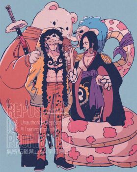 1girl 2boys abs bepo_(one_piece) black_hair boa_hancock breasts chest_tattoo closed_mouth commentary_request dress earrings facial_hair full_body fur-trimmed_jacket fur_trim goatee hand_in_pocket hat highres jacket jewelry long_hair looking_at_another ma_shikaku88 multiple_boys one_piece one_piece:_stampede open_clothes open_mouth pants salome_(one_piece) sash short_hair sideburns skull_on_head snake snake_earrings tattoo trafalgar_law yellow_jacket