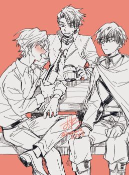 3boys alcohol beer_mug belt blush bottle cale_henituse cape choi_han closed_eyes closed_mouth collared_shirt cup dated drunk greyscale_with_colored_background highres holding holding_bottle holding_cup jacket looking_at_another lout_of_count&#039;s_family male_focus military military_uniform mug multiple_boys open_mouth osewa6363 pants red_background scar scar_on_face shirt short_hair simple_background sitting smile sweatdrop table wine_bottle