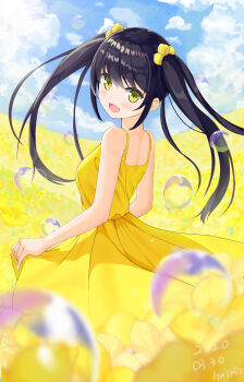 1girl absurdres black_eyes blue_sky blurry blurry_foreground bubble cloud cloudy_sky commentary day depth_of_field dress field flower flower_field from_behind hair_ornament hair_scrunchie haires highres innocence long_hair looking_at_viewer looking_back medium_dress mixed-language_commentary open_mouth original outdoors rapeseed_blossoms scrunchie skirt_hold sky smile solo standing sundress twintails yellow_dress yellow_eyes yellow_flower yellow_scrunchie