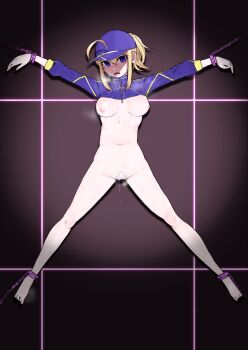 1girl ankle_cuffs barefoot bdsm blonde_hair blue_eyes bondage bottomless bound breasts breasts_apart breasts_out chain chained chained_ankles chained_wrists clothes_lift crying crying_with_eyes_open cuffs feet hat highres large_breasts looking_at_viewer mysterious_heroine_x_(fate) mysterious_heroine_xx_(fate) navel nipples no_bra no_panties no_underwear open_mouth outstretched_arms ponytail pussy_juice shirt shirt_lift simple_background spread_arms spread_legs tears toes toufu_(tofu_prprpr) wrist_cuffs