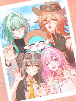 2boys 2girls ;o anaxa_(honkai:_star_rail) black_gloves blonde_hair bubbles_(honkai:_star_rail) claw_pose commentary_request cowboy_hat cyrene_(honkai:_star_rail) cyrene_(ripples_of_past_reverie)_(honkai:_star_rail) eyewear_on_head eyewear_on_headwear gloves green_hair grey_hair hairband hat highres honkai:_star_rail honkai_(series) long_hair medium_hair monocle multiple_boys multiple_girls mydei_(honkai:_star_rail) necktie one_eye_closed pink_hair pointy_ears purple_eyes shirt smile stelle_(honkai:_star_rail) sunglasses tanemaki_monaka trailblazer_(honkai:_star_rail) very_long_hair white_hairband white_shirt yellow_eyes yellow_necktie