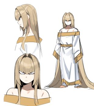 1boy :/ absurdly_long_hair androgynous angel_(in) blonde_hair blue_eyes commentary_request flower from_side highres in_(ain) korean_commentary long_hair long_sleeves male_focus multiple_views original pointed_bangs profile reference_sheet rose simple_background sketch sleeves_past_fingers sleeves_past_wrists standing v-shaped_eyebrows very_long_hair white_background white_flower white_rose