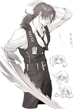 1boy 1girl :d absurdres alcohol alternate_costume arm_behind_head arm_tattoo arm_up arthropod_limbs beard_stubble belt belt_buckle blush bottle buckle bug chibi chibi_inset cigarette closed_mouth collarbone collared_shirt cowboy_shot cropped_legs dress_shirt drooling drunk expressionless eyepatch facial_hair fingernails food glasses gregor_(project_moon) greyscale hair_between_eyes hair_over_shoulder half-closed_eyes hand_up hands_up head_only heart highres id_card jitome kurokumo_clan_(identity)_(project_moon) limbus_company long_hair long_sleeves looking_at_another low_ponytail male_focus monochrome mouth_hold multiple_boys multiple_persona multiple_views necktie open_mouth pants parted_bangs parted_lips plate ponytail profile project_moon pudding rodion_(project_moon) sake sake_bottle sanpaku semi-rimless_eyewear shirt simple_background sketch sleeves_pushed_up sleeves_rolled_up smile smoke smoking solo_focus standing stubble tattoo translation_request uibou00000 under-rim_eyewear vest white_background