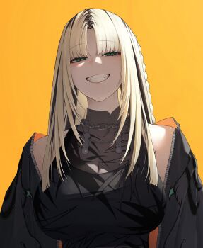1girl :d absurdres aqua_eyes black_jacket black_shirt black_streaks black_tank_top blonde_hair braid commentary_request curtained_hair edwin62293123 grin highres hololive hololive_dev_is jacket koganei_niko koganei_niko_(1st_costume) long_hair looking_at_viewer multicolored_hair open_mouth see-through_cleavage see-through_clothes see-through_shirt shirt side_braid simple_background sleeveless sleeveless_shirt slit_pupils smile solo straight_hair streaked_hair sukajan tank_top upper_body virtual_youtuber yellow_background