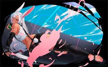 1girl alternate_costume alternate_hairstyle animal_ears artist_name bare_shoulders black_gloves black_sleeves black_thighhighs boku_no_hero_academia breasts clothing_cutout convenient_censoring cosplay crop_top dark-skinned_female dark_skin detached_sleeves feet final_fantasy final_fantasy_vii fingerless_gloves gabriel_carrasquillo gloves hand_rest highres holding large_breasts legs long_eyelashes long_hair looking_at_viewer low-tied_long_hair lying materia mirko nail_polish on_side rabbit_ears rabbit_girl rabbit_tail red_eyes red_nails smile soles solo stirrup_legwear suspenders swept_bangs tail tail_through_clothes tank_top thick_thighs thighhighs thighs tifa_lockhart tifa_lockhart_(cosplay) toeless_legwear toes very_long_hair white_hair white_tank_top