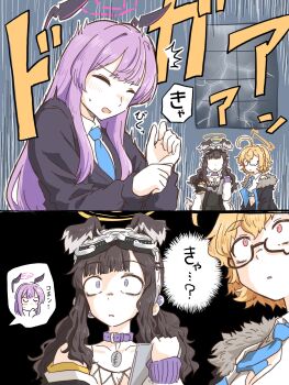 3girls ahoge animal_ears between_breasts black-framed_eyewear blonde_hair blue_archive blue_necktie breasts brown_hair cardigan cleavage closed_eyes collar collarbone constricted_pupils dog_ears dog_girl dog_tags dog_tail embarrassed engineering_department_(blue_archive) floating_head fur-trimmed_jacket fur_trim goggles goggles_on_head hair_bobbles hair_ornament halo hariyaa hibiki_(blue_archive) highres holding holding_tablet_pc jacket kotori_(blue_archive) lightning long_hair long_sleeves low_twintails multiple_girls navel necktie necktie_between_breasts purple_cardigan purple_collar purple_eyes purple_hair red_eyes semi-rimless_eyewear short_hair small_sweatdrop speech_bubble spoken_character surprised tablet_pc tail teardrop-framed_glasses thought_bubble twintails under-rim_eyewear utaha_(blue_archive) white_mouth