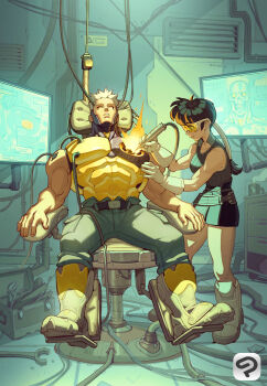 1boy 1girl :3 absurdres android bare_shoulders belt belt_buckle biceps black_belt black_hair black_shirt black_skirt blue_pants boots brush_rush buckle cable chair clip_studio_paint clip_studio_paint_(copyright) clip_studio_paint_(medium) closed_mouth coffee_mug collarbone commentary contrast cup denim elbow_gloves english_commentary exposed_internal_machinery facial_mark forehead full_body gloves hair_tubes high-waist_skirt high_collar highres holding_tool indoors jeans knee_boots logo long_hair maintenance making-of_available mechanic miniskirt mixed-language_commentary monitor mug multicolored_boots muscular muscular_male official_art on_chair original pants parted_lips pencil_skirt ponytail portuguese_commentary power_tool ribbed_shirt ruler safety_glasses screwdriver shirt short_hair single_hair_tube sitting skirt skull sleeping sleeveless sleeveless_shirt sparks spiked_hair standing steam thick_neck tinted_eyewear toned toned_female tool_belt toolbox tools tube two-tone_boots v-taper vent_(object) very_short_hair white-framed_eyewear white_boots white_gloves wrench x-ray_film yellow-tinted_eyewear yellow_boots yellow_shirt