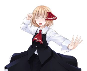 Rule 34 | 1girl, arm up, ascot, black skirt, black vest, blonde hair, buttons, clenched hand, closed eyes, collared shirt, commentary request, cowboy shot, crote, frilled shirt collar, frilled skirt, frills, furrowed brow, hair ribbon, half-closed eyes, large variant set, long sleeves, open mouth, outstretched arm, red ascot, red ribbon, ribbon, rumia, shirt, shirt tucked in, short hair, skirt, solo, tachi-e, touhou, transparent background, variant set, vest, white shirt, wing collar