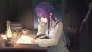 1girl absurdres book bread bread_slice cake cake_slice chair cup desk_lamp diary dress fern_(sousou_no_frieren) food hand_on_own_chin highres indoors lamp night on_chair pile_of_books plate purple_hair quill reading ryu_jin23 sitting sousou_no_frieren staff white_dress window writing