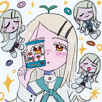 1girl blonde_hair blush chibi closed_eyes closed_mouth coat colored_eyelashes commentary_request earrings gakuen_idolmaster green_neckerchief hair_ornament hairclip hand_up highres holding holding_toy idolmaster jewelry konparu_(konparunemunemu) long_hair long_sleeves looking_at_viewer multiple_views neckerchief nose_blush open_mouth orange_eyes parallel_hairclips portrait refraction shinosawa_hiro shorts single_earring smile sparkle sprout_on_head straight-on stud_earrings toy triangle_mouth waterful_ring-toss white_background white_coat